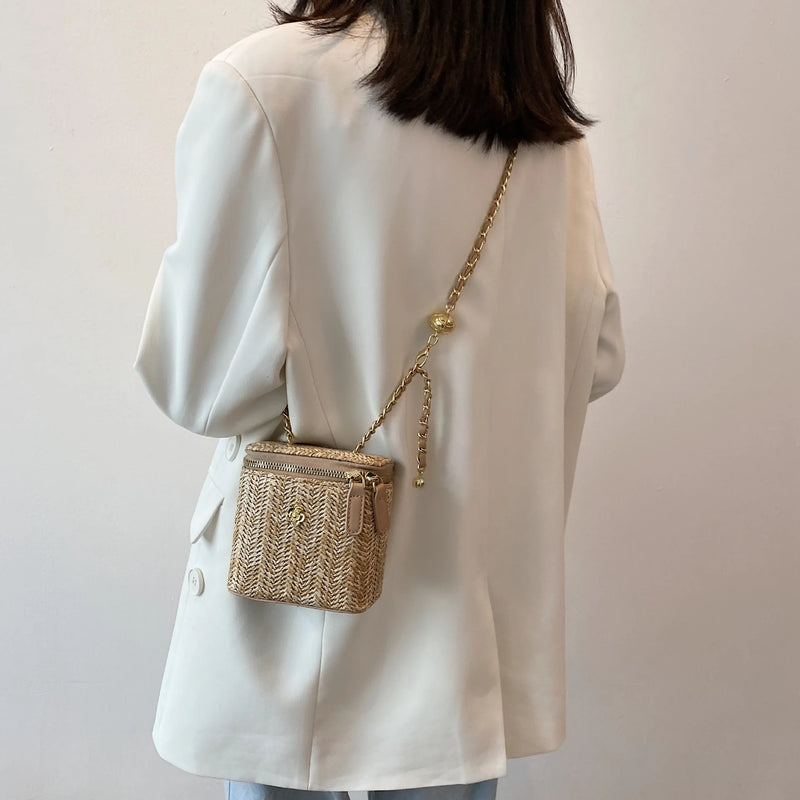 the PICNIC BOHO - Mini Straw Bucket Crossbody Bag for Women, Summer Weave Women's Brand Handbags and Purses, Fashion Chain Simple Shoulder Bags