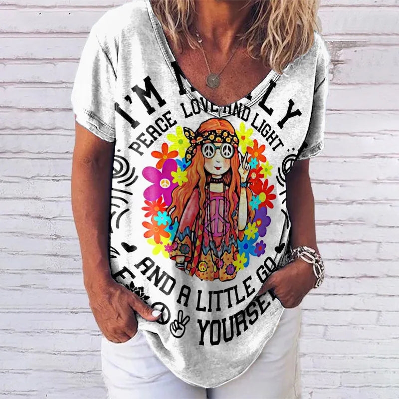 T-shirts For Women Summer 2024 Hippie Women's T Shirt Sequin Top Fashion Short Sleeve Print Tops Large Size Loose Tees Shirt