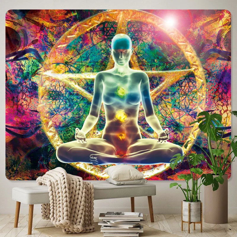 the MEDITATION - Mandala Seven Chakra Psychedelic Scene Home Decor Art Tapestry Hippie Wall Hanging, Boho Room Wall Decor