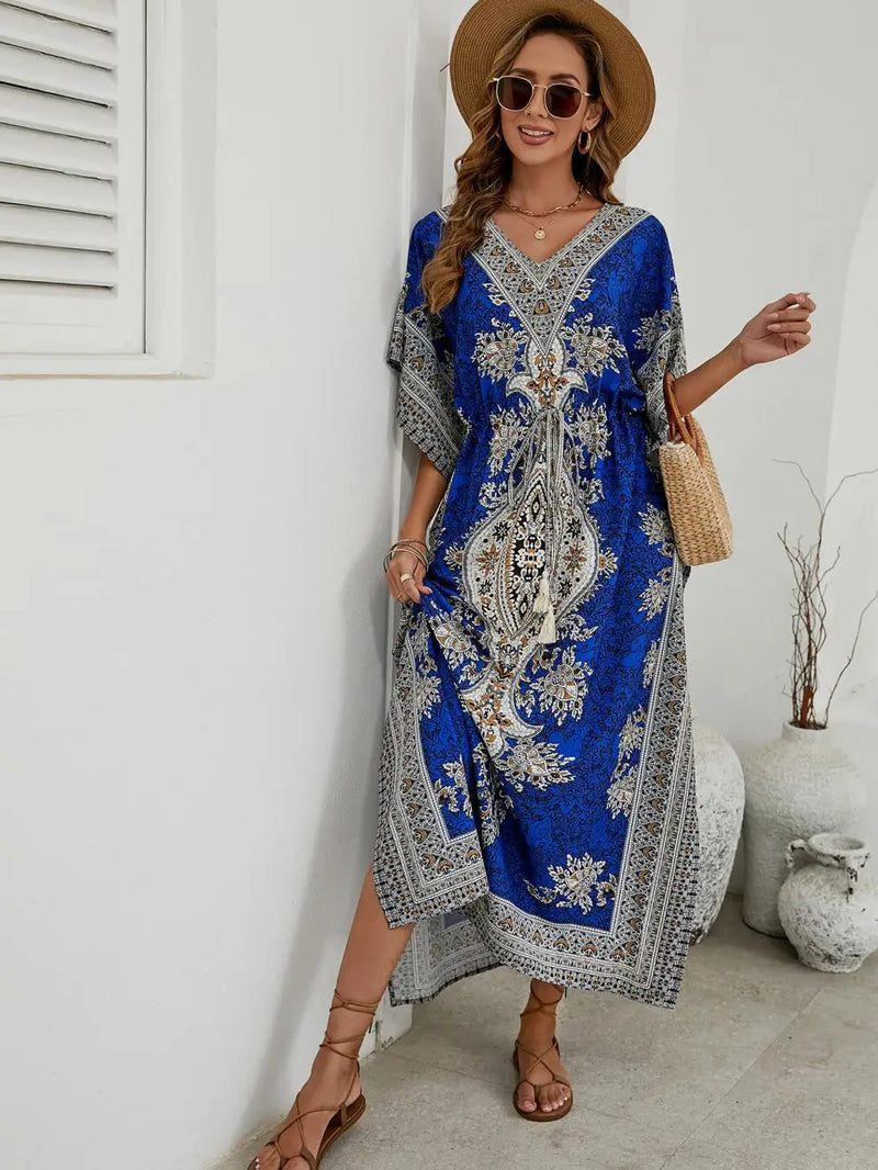 Bohemian V-neck Short Sleeve Beach Smock Dress Women 2023 Summer Loose Casual Sunscreen Print Boho Long Dresses For Women