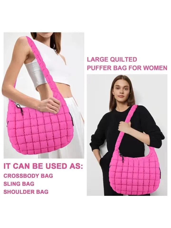 the PUFFY BOHO - Casual Ruched Hobos, Women Shoulder Bags, Quilted Padded Crossbody Bag, Large Capacity Nylon Puffer Tote Bag, Big Shopper Purses