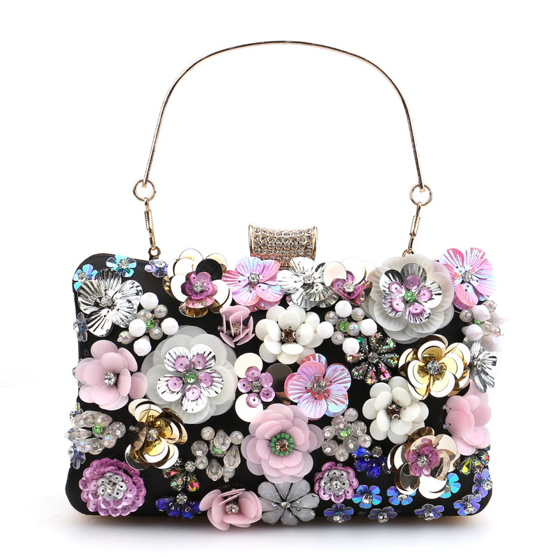 the FLOWER SHOP - Fashion Women Bags, Flower Diamonds Embroidery Small Clutch, Luxury Lady Handbags, Evening Bags, New Arrival Chain Shoulder Purse