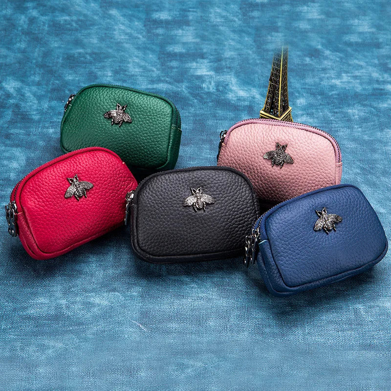 the BEE BAG - Women Cowhide Double Zipper Portable Wallets, Bag Bee Card Hoder Lipstick Case Leather Mini Earphone Coin Purse