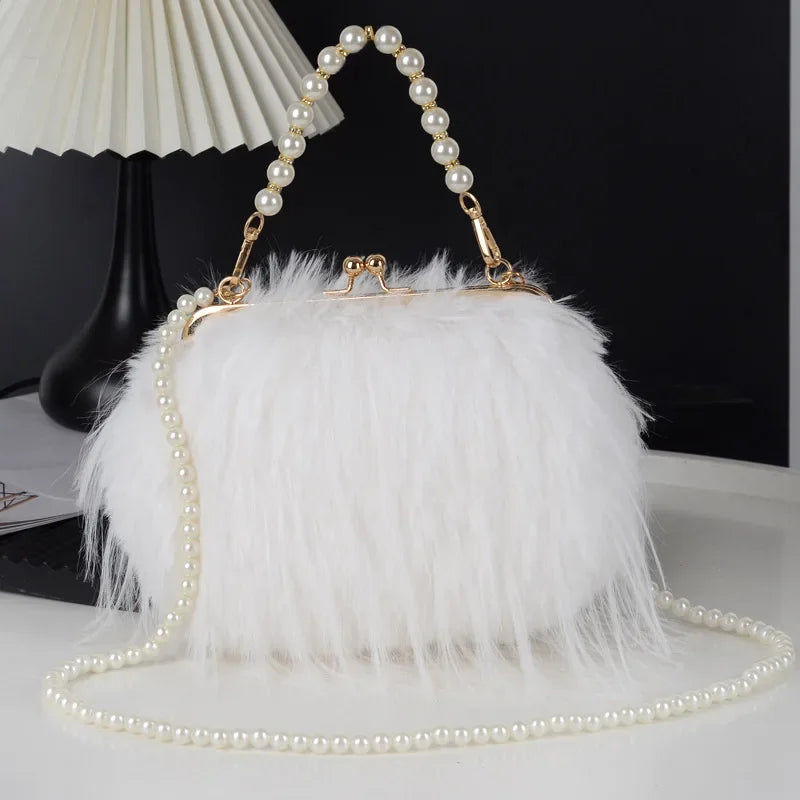 the FURBIE - Designer Women's Handbag with Tassel, Luxury Plush Evening Bags with Pearl Chain, Ladies Purse Tote Bag, Fashion Crossbody Bag