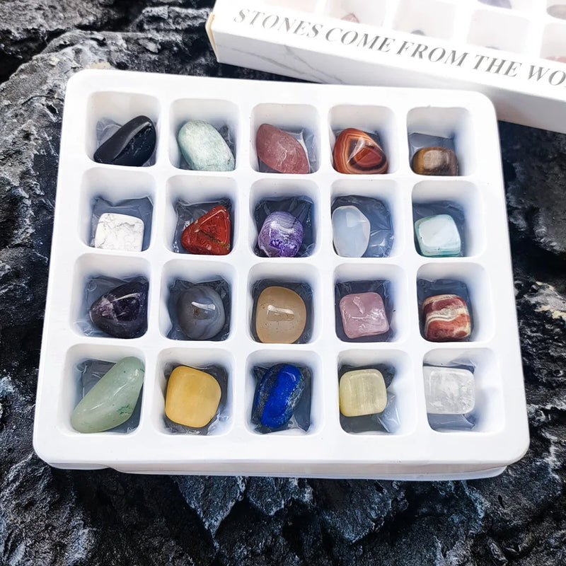 the GEM GIFT BOX - 1 Box Gift Raw 20 PCS Gemstones Collectible Sample Home Student Decoration Ore Mineral Specimen Quartz Crystal Polished Stone