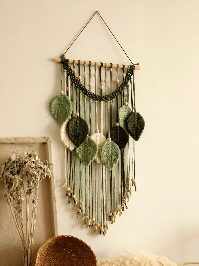 the AUTUMN FALL - Leaf Macrame Tapestry, Brown Green Wall Tapestry, Boho Home Decoration, Macrame Wall Hanging, Home Living Room Decor Gift