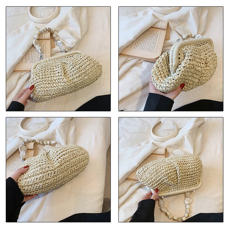 the BEAN BAG BOHO - Women Straw Crossbody Bag Clutch Purse, Weaving Shoulder Bag, Versatile Small Beading Handbag, Rattan Boho Summer Beach Woven Bag