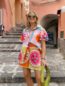the CITRINE - Women Summer Shorts Outfits Daily Beach Sun Print Short Sleeve Button Shirts Tops Elastic Waist Shorts 2 Piece Lounge Sets