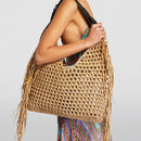 the BEACH BOHO - Hollow Out Hobos Bags for Women, Luxury Designer Handbag/Purse, Weave Large Capacity Tassel Shoulder Straw Beach Bag