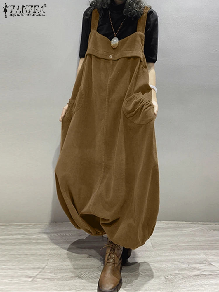 ZANZEA Streetwear Corduroy Bibbed-Jumpsuits Women Wide Leg Pant Drop-Crotch Overalls 2025 Spring Loose Casual Suspender Rompers