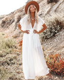 the BEACH BOHO - Summer Long Bikini Cover Ups Solid V-Neck Kimono Beach Lace Up Anti-Sun Swim Bohemian Sarong Dress for Women