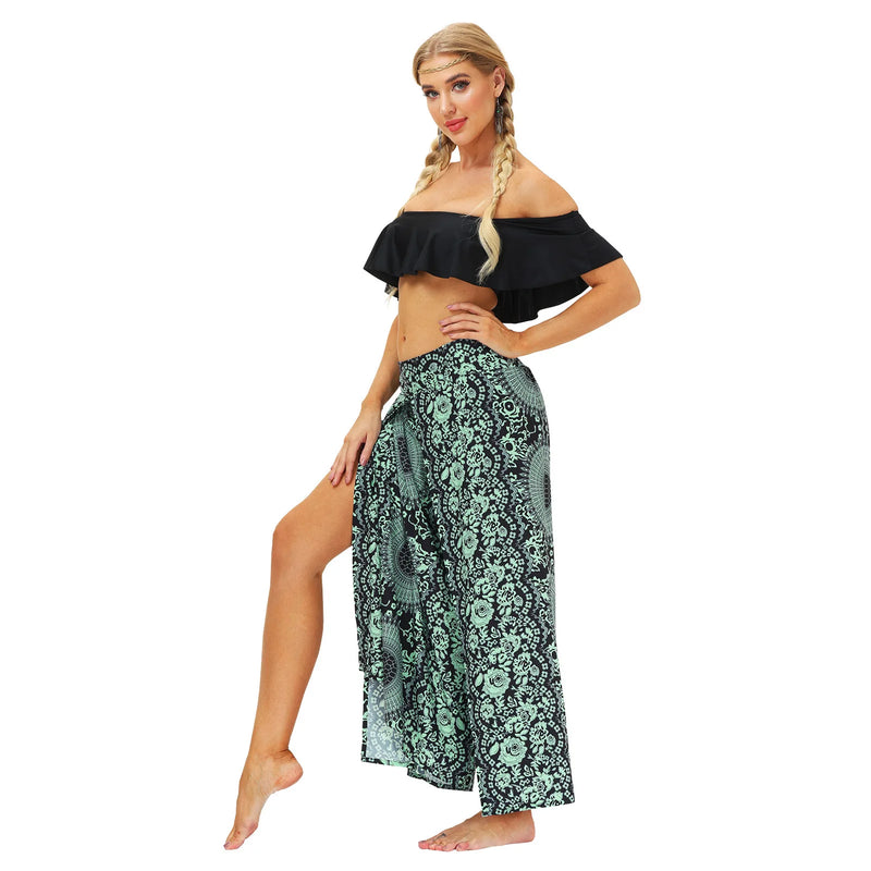 Women's Casual Soft Slit Leg Pants, Harem Dance, Beach Boho Baggy Yoga Pants, Lady Loose Wide Leg Wrap Long Pants, Summer