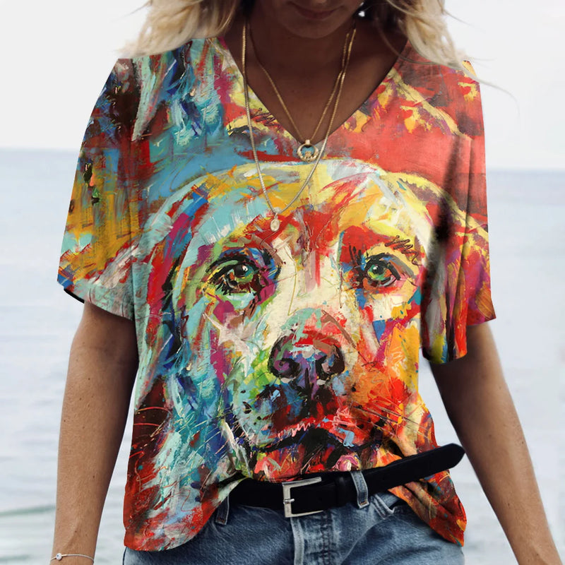 Summer New Women's V-neck Top Short Sleeve T-shirts 3D Cute Dog Print Casual Lovely Harajuku Versatile Y2K Clothes European Size