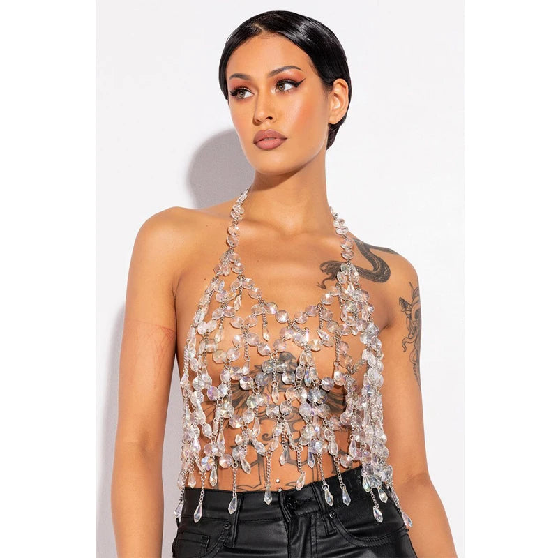 the BODY CRYSTALS - Sexy Tassel Rhinestone Chic Women's Lingerie Body Chain Top Water Drop Fishnet Crystal Shiny Chest Bra Bikini Sling Vest Jewelry