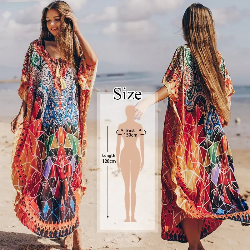 2023 Bohemian Printed V-neck Batwing Sleeve Long Loose Summer Dress For Women Clothes  Streetwear Moroccan Caftan Q831