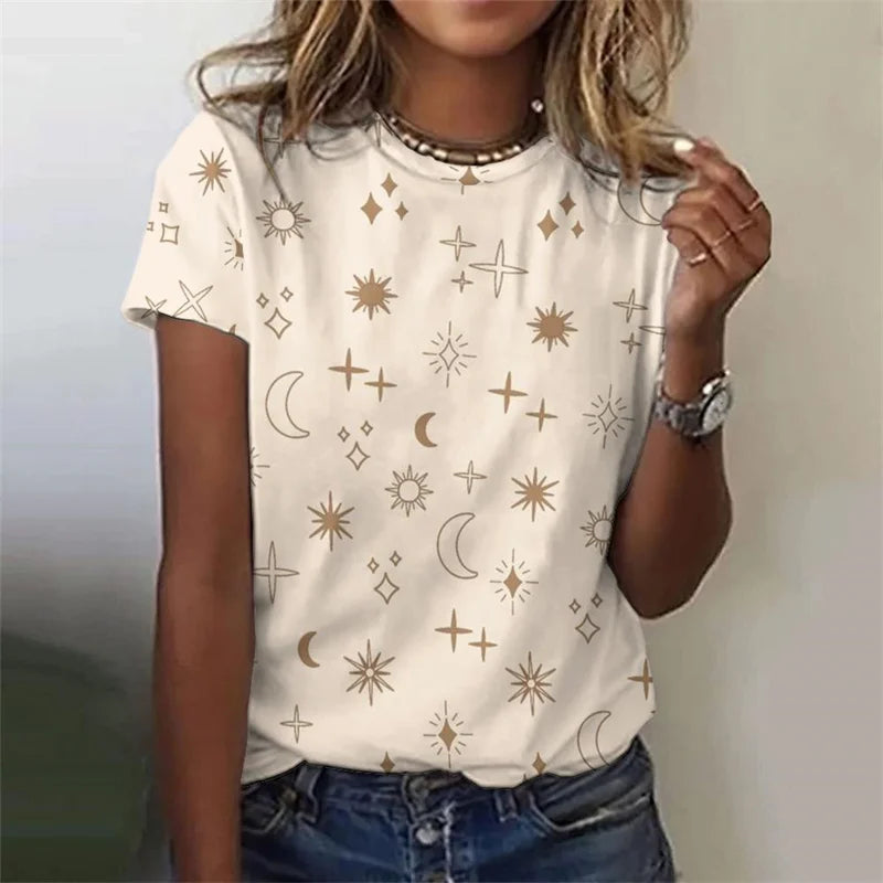 3D Printed Sun Stars Moon T Shirt For Women Starlit Sky Graphic Tees Summer Casual Loose T-Shirts Round Neck Tops Short Sleeves