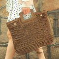 the WOVEN BAG - Straw Bag Rattan Woven Round Tassel Handbag for Women, Large Capacity Shoulder Tote Purse, Ladies Holiday Wood Handle Shopping Bag