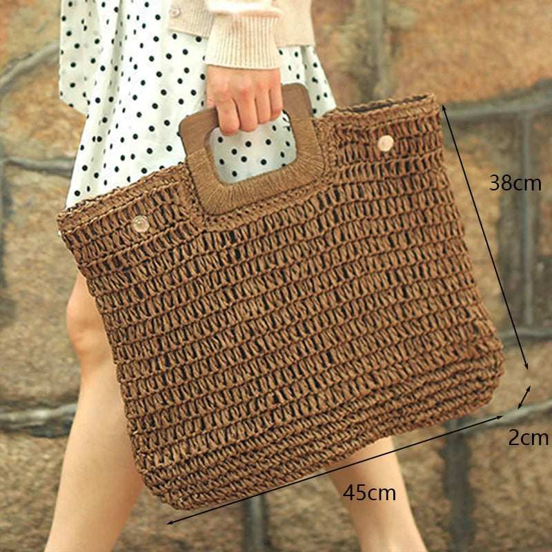 the WOVEN BAG - Straw Bag Rattan Woven Round Tassel Handbag for Women, Large Capacity Shoulder Tote Purse, Ladies Holiday Wood Handle Shopping Bag