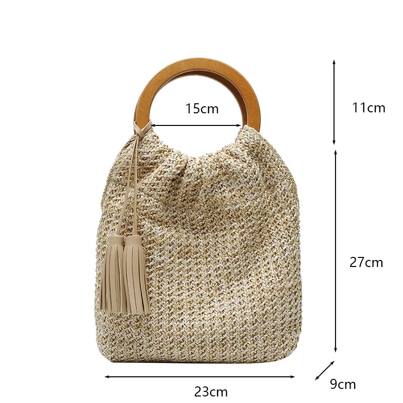 the WOVEN BAG - Straw Bag Rattan Woven Round Tassel Handbag for Women, Large Capacity Shoulder Tote Purse, Ladies Holiday Wood Handle Shopping Bag