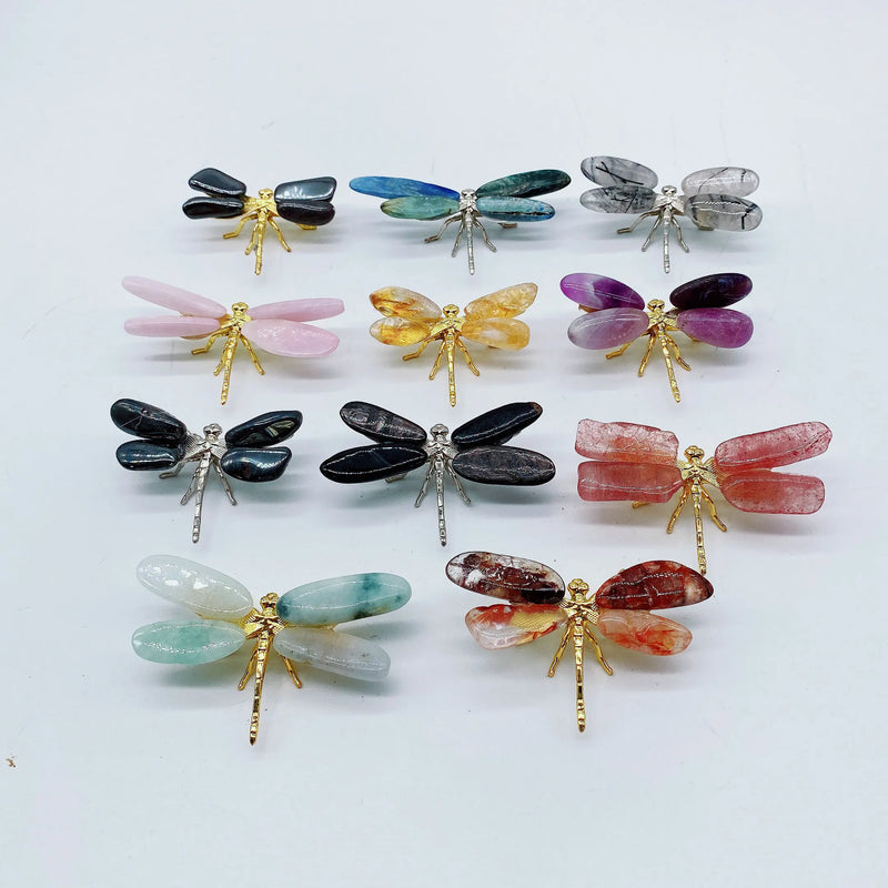 the DRAGONFLY - 2pcs Natural Mixed Material Energy Reiki Stone Dragonfly Carving Decoration Crystal Quartz Healing High Quality Gemstone For Gift