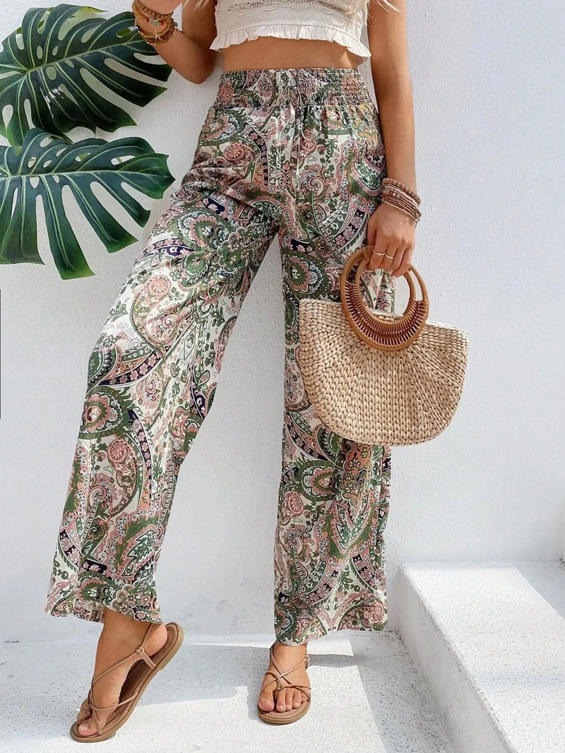 Women's Pants 2024 Summer New Fashion Versatile Printed Elastic Waist Wide Leg Pants Retro Ethnic Style Elastic Waist Trousers