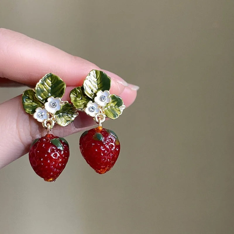 the STRAWBERRY FIELDS - Delicate Red Strawberry Flower Drop Earrings for Women, 3D Simulated Fruit Green Leaves Earrings