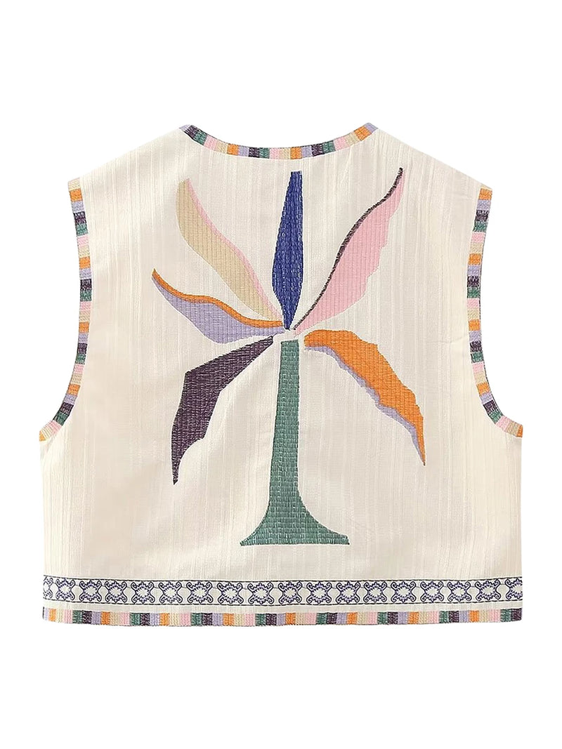 the STITCH BOHO - Women's Vintage Floral Pattern Embroidered Vest Sleeveless Open Front Versatile Short Outerwear Boho Cardigan Crop Vests