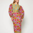 the BOW BOHO - Waist Hollow Sexy Floral Print Backless Bow Elegant O-Neck Lantern Sleeve Long Dress