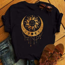 the MOON CHILD - Golden Sun Moon Stars Print Short Sleeve O-Neck Loose T-Shirts for Women