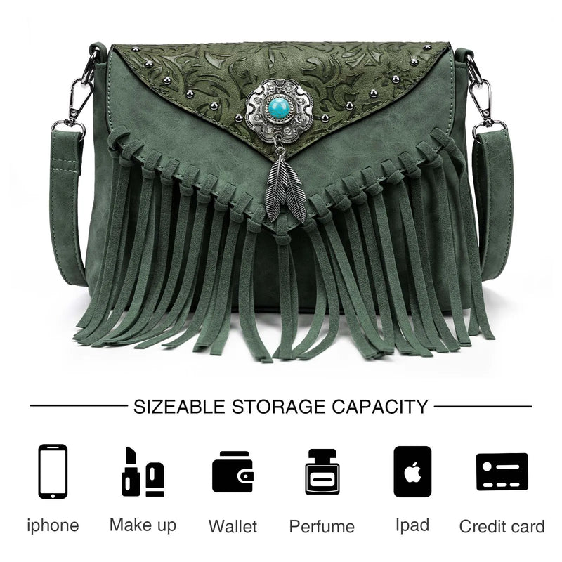 the WESTERNER - Original Design Shoulder Bag for Women, PU Leather Luxury Clutch Designer Handbags, Western Purse Fringe Messenger Bag