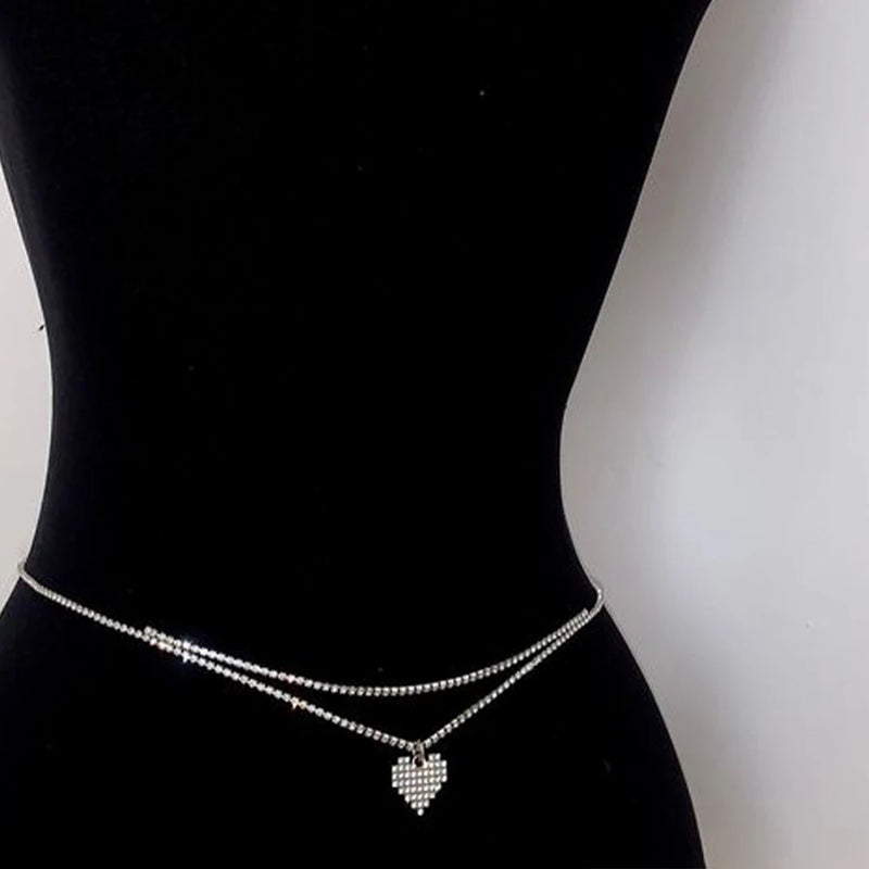 the HEART CHAIN - Sexy Rhinestone Heart Waist Chain Belt Bikinis Jewelry for Women, Summer Beach Double Row Crystal Belly Chain Body Accessories