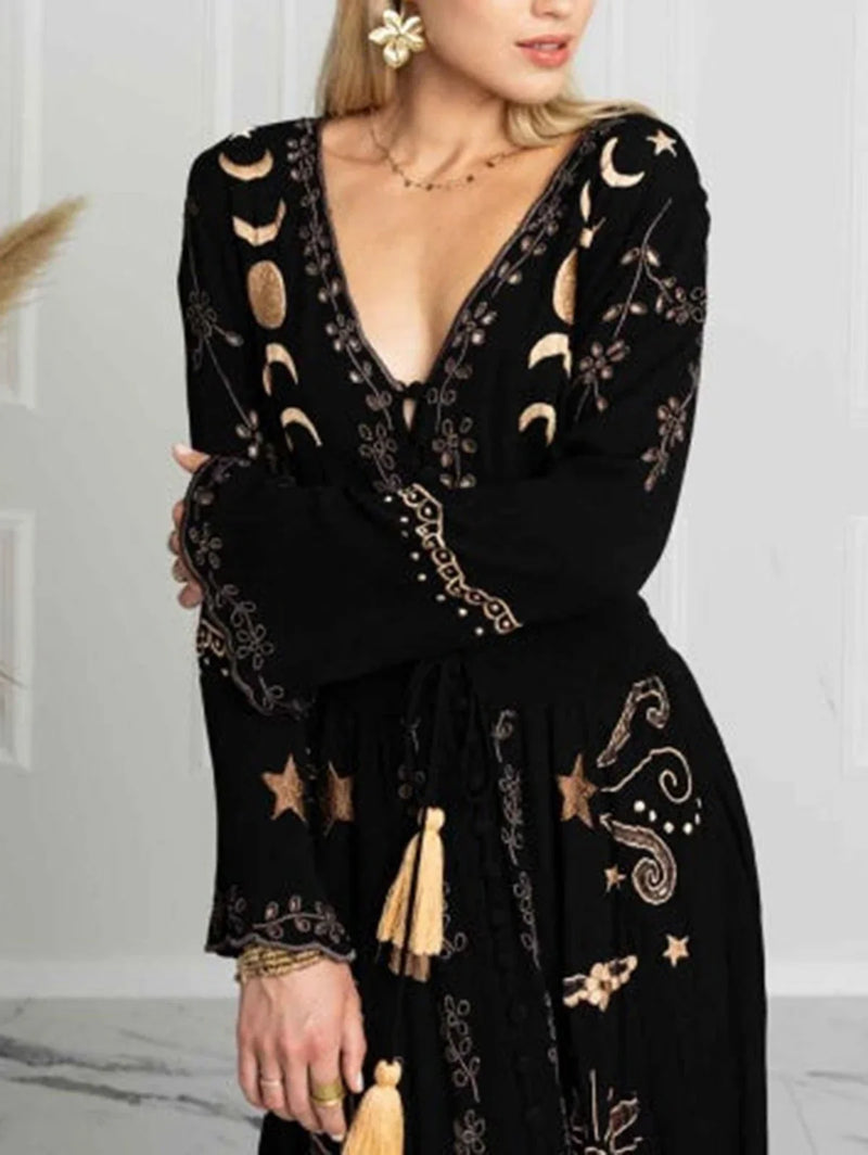 V Neck Long Dress Lace Up Vintage Printed Large Hem Dresses Women Casual Summer Long Sleeve Dress Loose Long Robe Vestidos