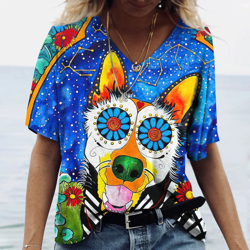 Summer New Women's V-neck Top Short Sleeve T-shirts 3D Cute Dog Print Casual Lovely Harajuku Versatile Y2K Clothes European Size