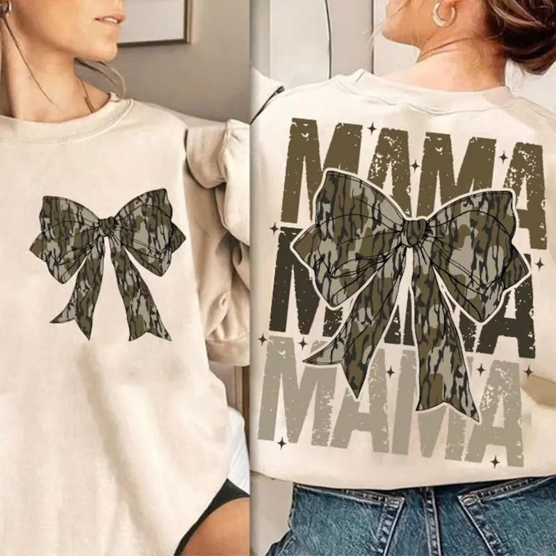 Mama Camo Coquette Bow Women Sweatshirts School Camo Girls Camo Bow Hoodies Retro Hunting Coquette Bow Oversized Sweatshirts