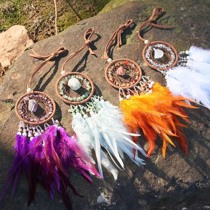 Natural Agate Dream Catchers 7 Chakra Crystal Gemstone Dream Catcher Tree Life Crystal Feather Dream Catchers Bedroom Hangings