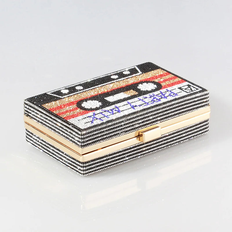 the MIX TAPE - Fashion Crystal Women's Luxury Rhinestone Wedding Clutch Bag, Cassette Tape Evening Bag, Party Money Purses, Handbags/Shoulder Bag