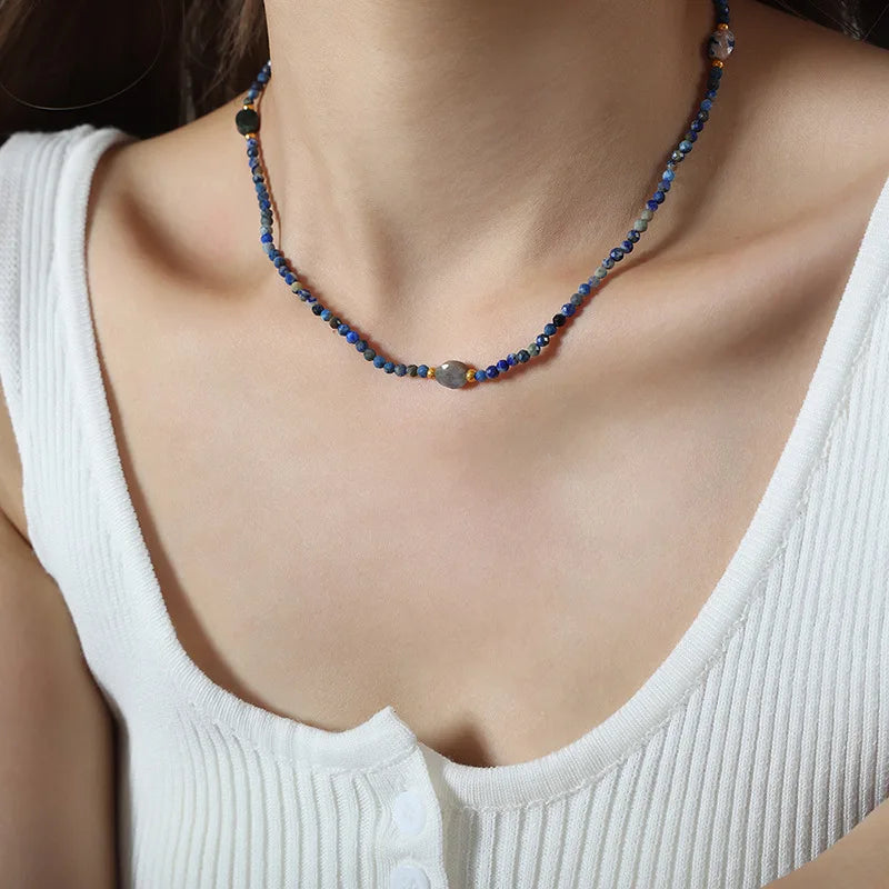 the ROYAL BEADS - Boho Natural Stone Beads Handmade Chain Collar Faceted Blue/Grey Beaded Stainless Steel Necklace Jewelry for Women Fashion Jewelry