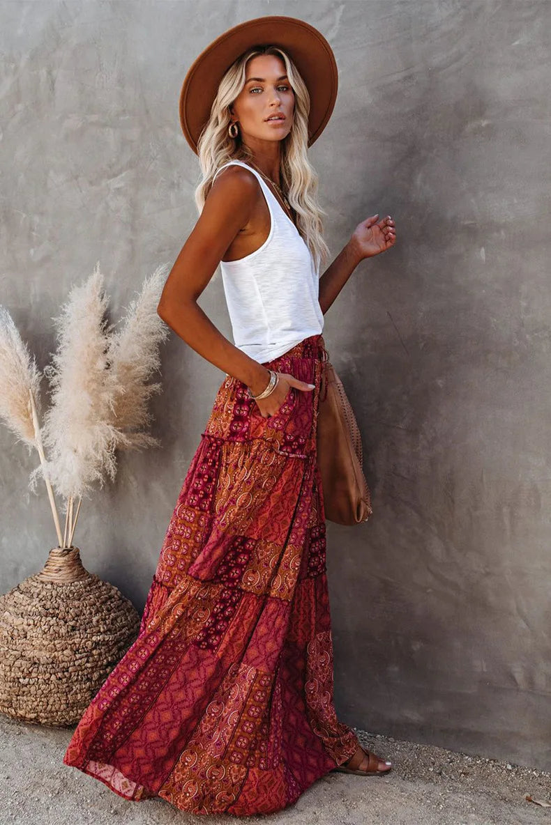 New Long Skirt Retro Skirt Loose Casual High Waist Skirt Bohemian Style Patchwork Pleated Pocket Skirt