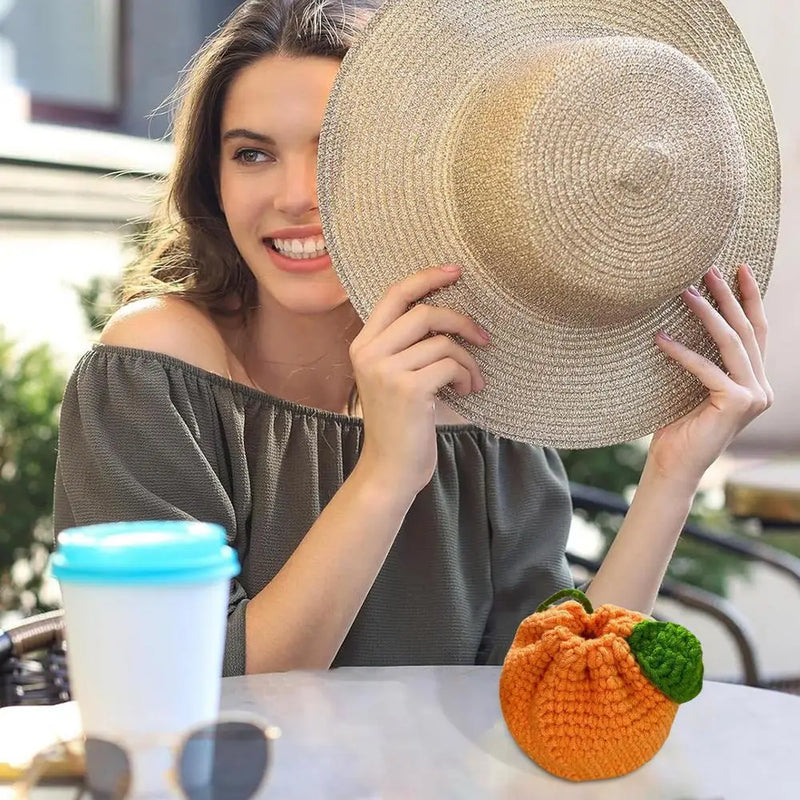 the CITRUS CROCHET - Orange Coin Purse, Crochet Drawstring Bag, Cute Drawstring Orange-Shaped Crochet Purse, Crochet Tangerine Bag Coin Chargers