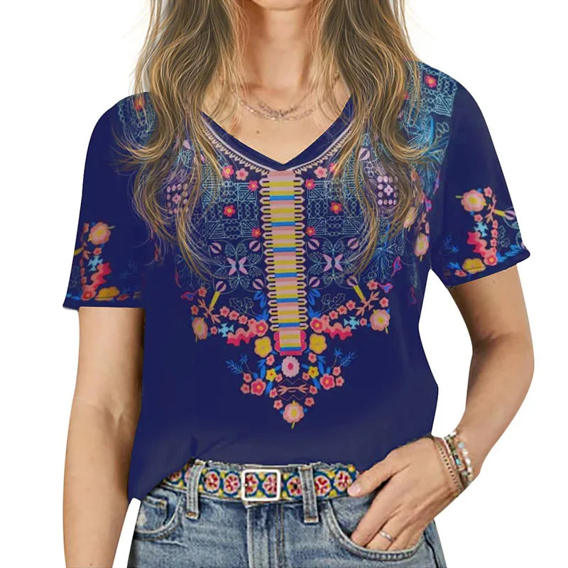 Summer T-shirt Floral Ethnic 3D Print V-Neck Tees Retro Women Tops Boho Streetwear Harajuku Oversized T Shirts Female Clothing