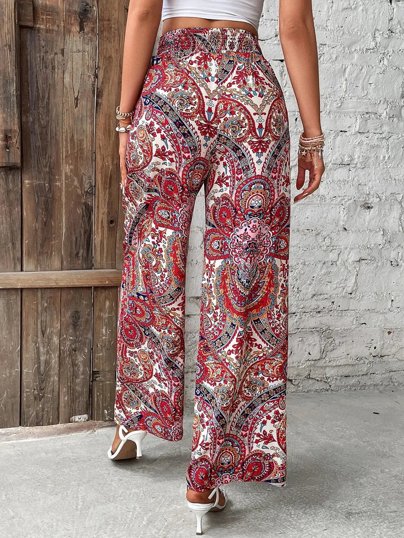 Women's Pants 2024 Summer New Fashion Versatile Printed Elastic Waist Wide Leg Pants Retro Ethnic Style Elastic Waist Trousers