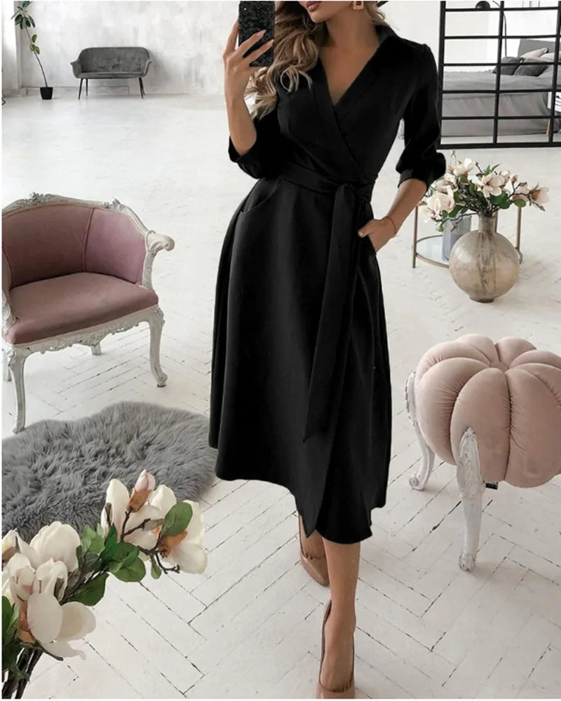 Women V-Neck Dress Spring And Summer New Fashion Three Quarter Sleeve Printed Women's Dress With Waist Tie Up Polo Long Dress