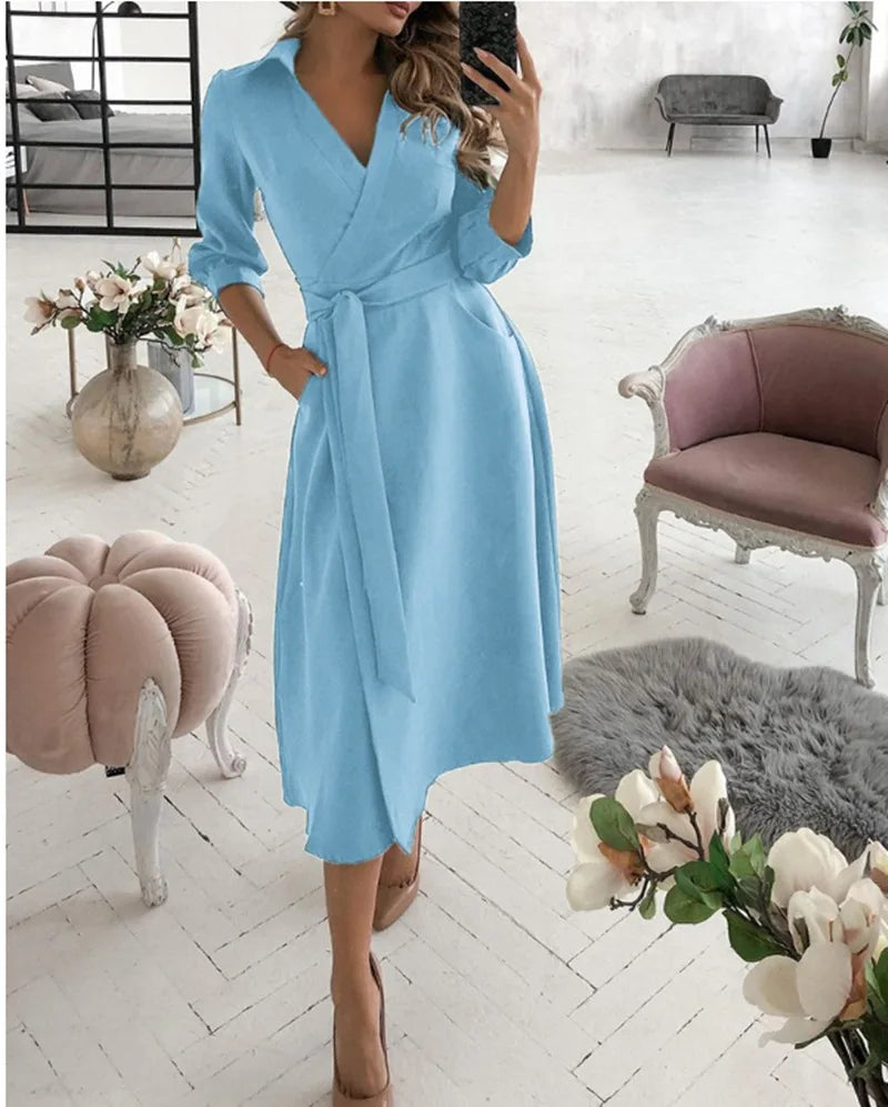 Women V-Neck Dress Spring And Summer New Fashion Three Quarter Sleeve Printed Women's Dress With Waist Tie Up Polo Long Dress