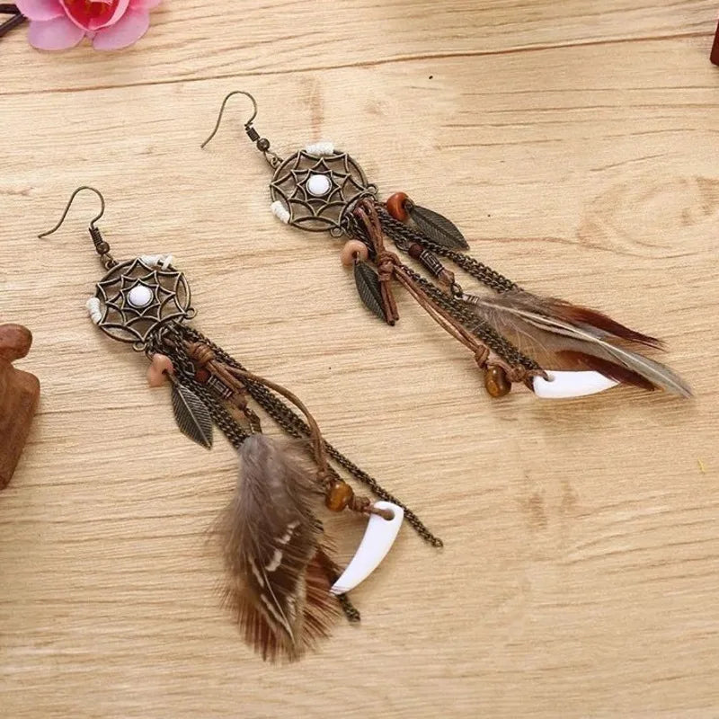 the DREAM CATCHER - Boho Tribal Vintage Dream Catcher Feather Leaf Long Tassel Dangling Earrings for Women