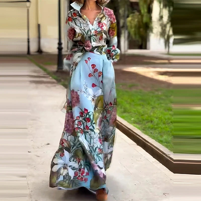 Spring Summer Floral Print Women's Two Piece Casual Long Sleeved Bohemian Suit Lady Lapel Button Shirt with Skirt Beach Outfits