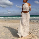the BELLY DANCER - Sexy Boho Backless Matching Suit 2 Piece Beach Outfits Vintage Ruched Halter Cami Tops + Maxi Long Skirt