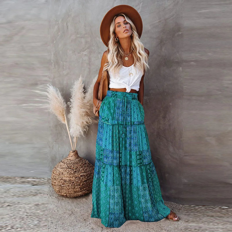 New Long Skirt Retro Skirt Loose Casual High Waist Skirt Bohemian Style Patchwork Pleated Pocket Skirt