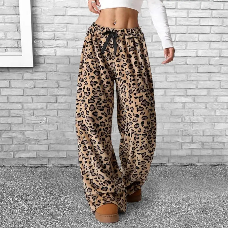 Women's Leopard Pant Casual High Waist Lace-up Elastic Wide Leg Pants Fall Winter New Women's Fashion Animal Print Trousers