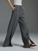 the SLACKS - Urban Female Fashion Loose Straight High-Waisted Pleated Split-Front Trousers