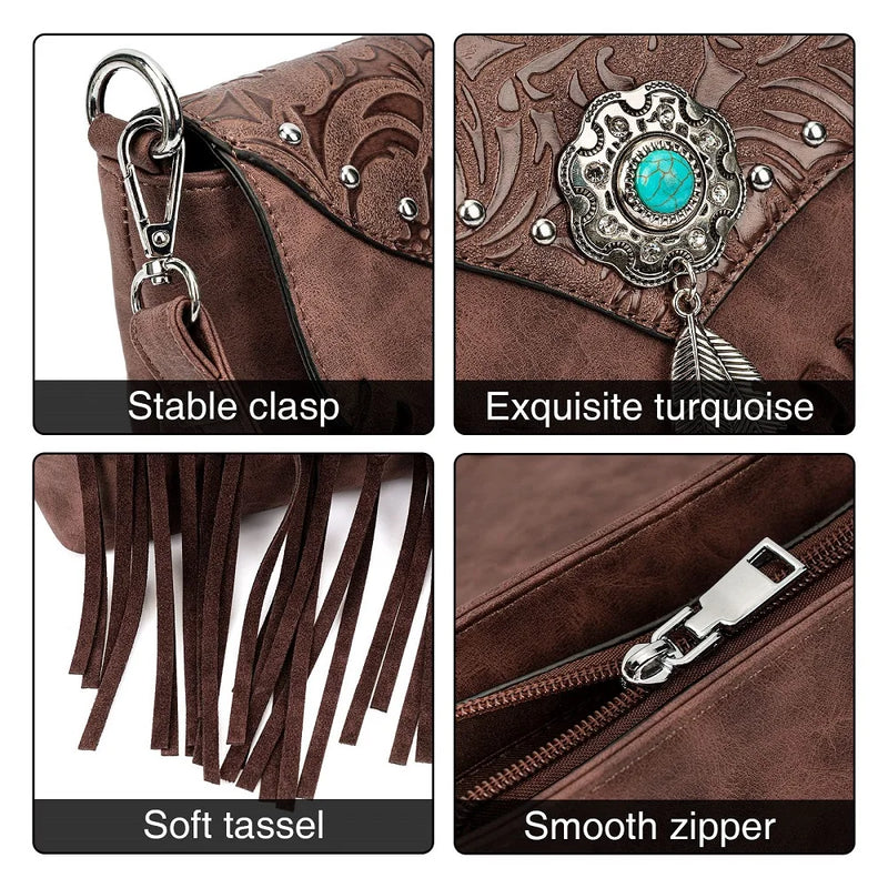 the WESTERNER - Original Design Shoulder Bag for Women, PU Leather Luxury Clutch Designer Handbags, Western Purse Fringe Messenger Bag